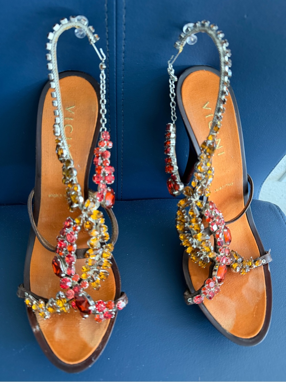 Giuseppe Zanotti Brown Leather Sandals with Red & Yellow Crystal Straps
